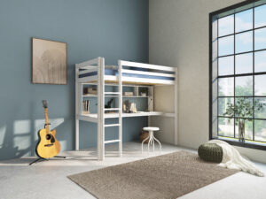 HiT loftbed with underbed desk in solid white finish