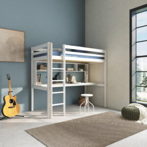 HiT loftbed with underbed desk in solid white finish