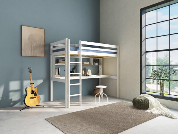 HiT loftbed with underbed desk in solid white finish
